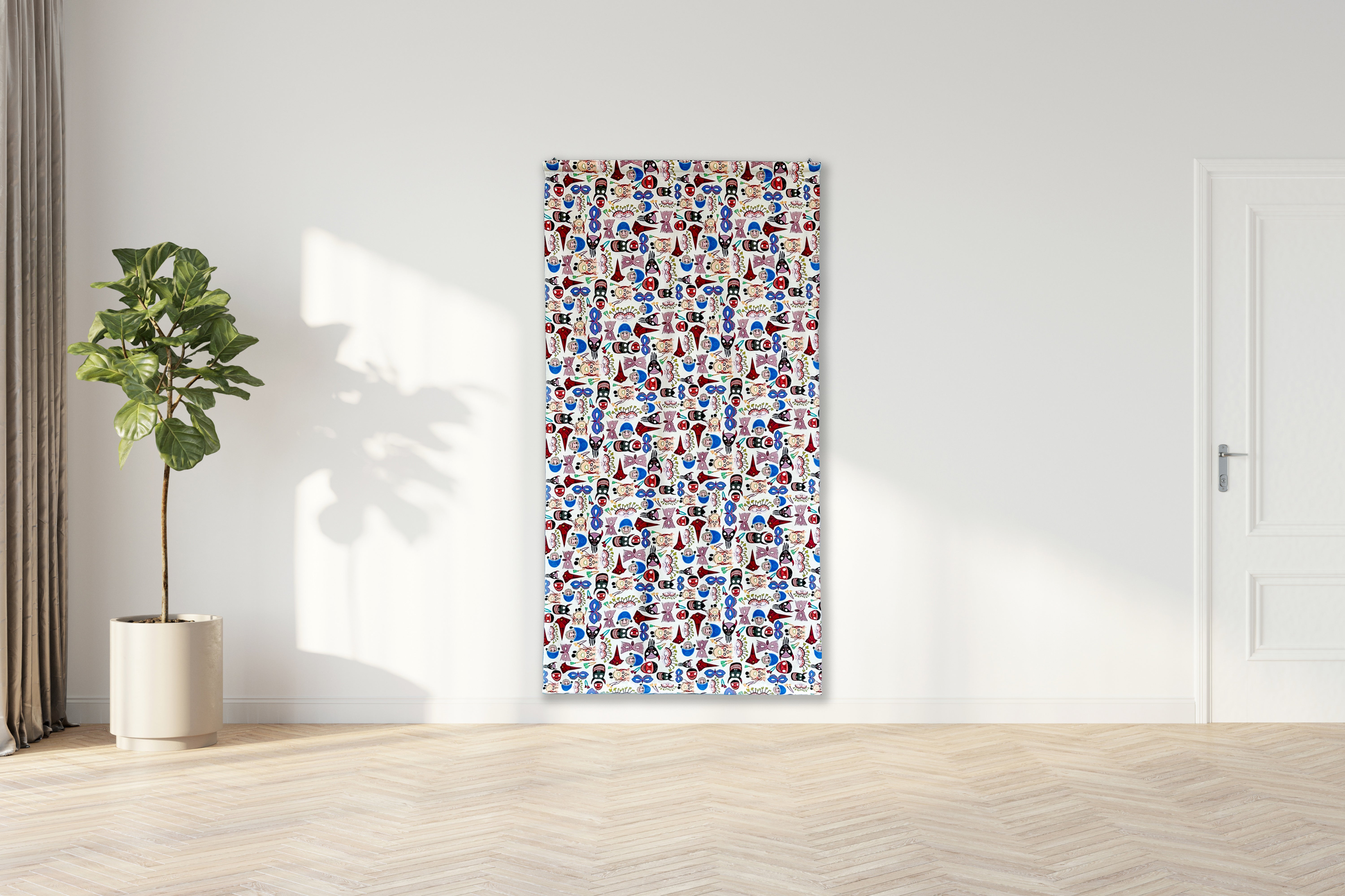 Colorful abstract painting on a white wall with a plant and door in the background